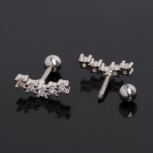 Silver stainless steel ear studs with five micro-set zircons and a secure screw back