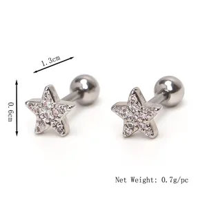 Pentagram stud earrings with white zircons and threaded ball backs, 1.3cm diameter