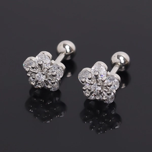 Fashion Stainless Steel Flower Stud Earrings For Women Inlaid Clear Rhinestone Screw Ball Back Piercing Jewelry