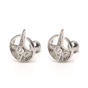 Silver stainless steel moon and star stud earrings with zircon stones and ball screw backs