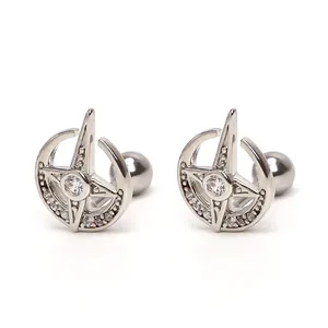 Stainless steel crescent moon and star stud earrings with zircon stones and dimensions