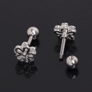 Floral cubic zirconia stainless steel stud earrings with secure screw ball back closure