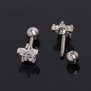 Stainless steel flower stud earrings with white zircon stones and ball screw back