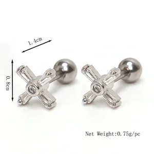Polished stainless steel cross stud earrings with sparkling cubic zirconia stones