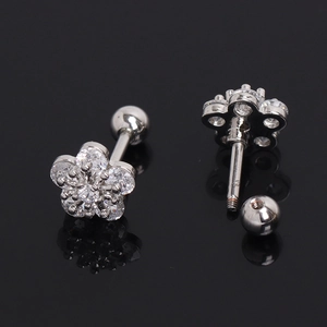 Silver stainless steel flower stud earrings with clear zircon stones and screw back closure