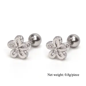 Silver stainless steel flower earrings with clear zircon stones, 0.7cm diameter