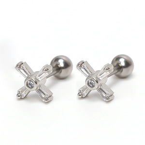 Sparkling stainless steel cross earrings with baguette-cut gemstones and screw-back closure
