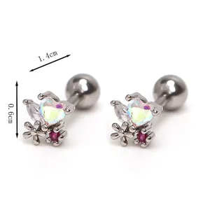 Stainless steel heart flower stud earrings with iridescent stone and red rhinestone detail