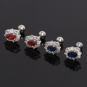 Vintage Alloy Oval Rhinestone Stud Earrings For Women Retro Electroplated Red Blue Gemstone Halo Screw Back Barbell Jewelry
