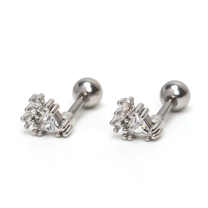 Silver crown barbell stud earrings with triangular cubic zirconia and screw-back balls