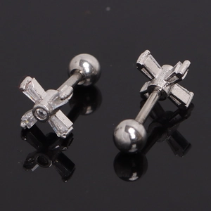 Silver stainless steel cross stud earrings with sparkling cubic zirconia and ball screw back