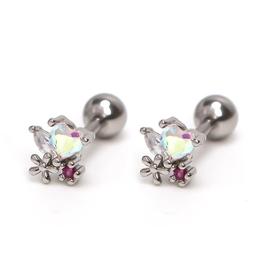 Silver stainless steel heart opal ear studs with flower design and red zircon stone