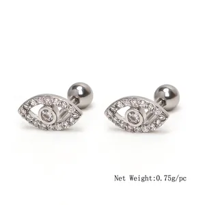 Evil eye stainless steel stud earrings with clear zirconia and threaded ball back