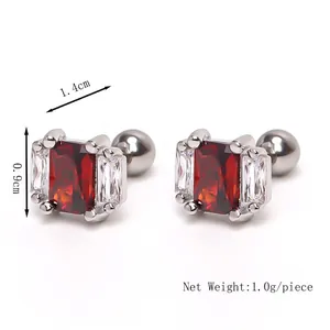 Square red ruby zircon stud earrings made of silver stainless steel for women