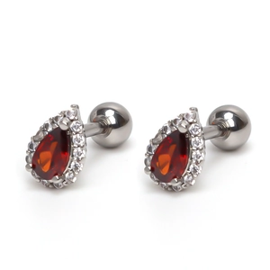 Waterdrop stainless steel earrings with red pear-cut zircon and white crystal halo