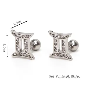 Gemini zodiac stud earrings in stainless steel with sparkling cubic zirconia crystals