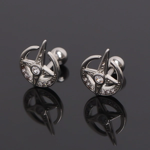 Stainless Steel Star Moon Stud Earrings With Rhinestone Inlaid Gothic Style Ear Bone Nail Jewelry For Women Men Silver Color