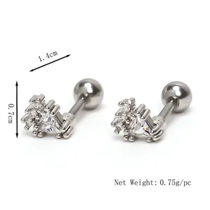 Geometric triangle zircon cartilage earrings with screw ball back, 1.4cm x 0.7cm size
