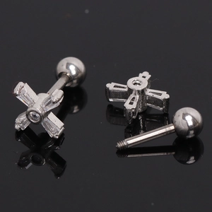 Silver stainless steel cross earring with cubic zirconia stones and screw back closure