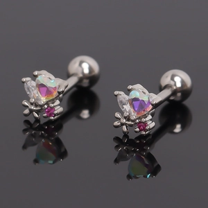 Stainless Steel Heart Stud Earrings Iridescent Stone Rhinestone Flower Bone Stud 1.4CM Threaded Ball Back Piercing Jewelry