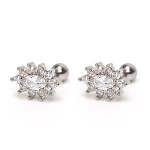 Symmetric silver floral ear studs with marquise-cut clear zirconia and screw ball back