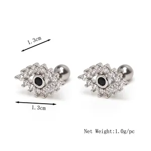 Polished stainless steel evil eye stud earrings with white zircons and black center stone