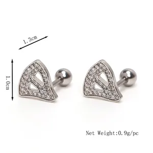 Stainless steel geometric fan-shaped stud earrings with pavé zircons and ball back