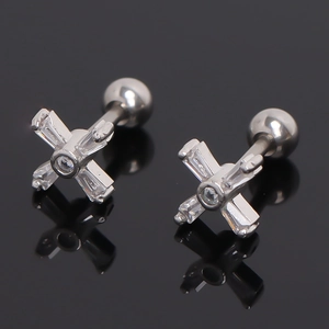 Polished Stainless Steel Cross Stud Earrings Shiny Rhinestone Inlaid Screw Ball Back Ear Bone Studs Personalized Jewelry For Unisex