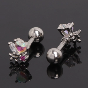 Stainless steel heart cartilage earring set with iridescent AB stones and pink crystals