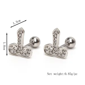 Zodiac stud earrings with white zircon micro-inlays, 1.3cm x 1.0cm, weight 0.85g per piece