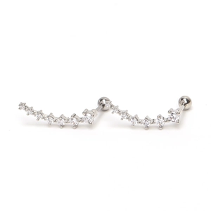 Sparkling silver curved row stud earrings with white zircon stones and screw back closure