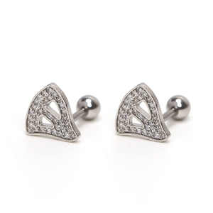 Silver geometric triangle shield earrings with sparkling white cubic zirconia and screw backs