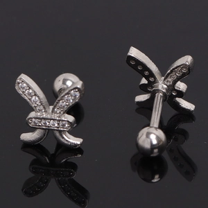 Polished stainless steel Pisces zircon ear stud with a secure screw ball back closure