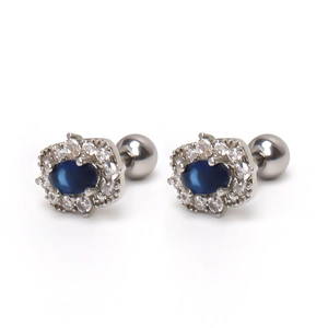 Oval sapphire blue earrings in silver stainless steel with white zircon halo and screw back