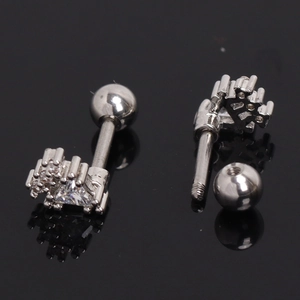 Triangle zircon cartilage earring with screw ball back in polished silver finish