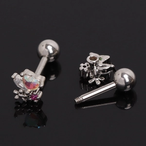 Silver stainless steel butterfly stud earrings with pink crystal stones and screw back