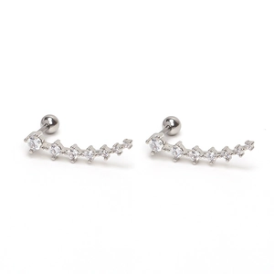 Detail view of curved silver stud earrings with seven sparkling zircons and ball screw back