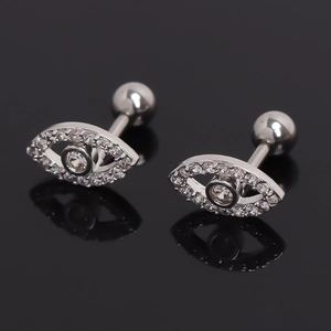 Stainless Steel Evil Eye Stud Earrings Silver Color Rhinestone Inlaid Personality Ear Bone Stud Jewelry For Men Women