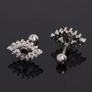 Silver evil eye stud earrings in stainless steel with white zircon and black center stone