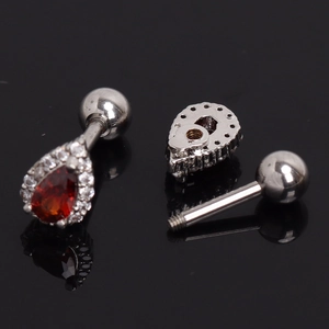 Teardrop red zircon stainless steel stud earrings with micro-pave white stones and screw back