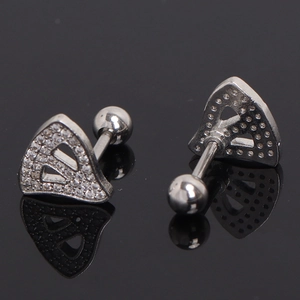 Silver stainless steel fan-shaped helix earrings with micro-set zircon stones