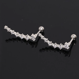 Elegant curved silver stud earrings with sparkling cubic zirconia wing design and screw backs