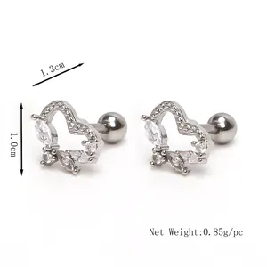 Polished heart-shaped stainless steel stud earrings with marquise and round cubic zirconia