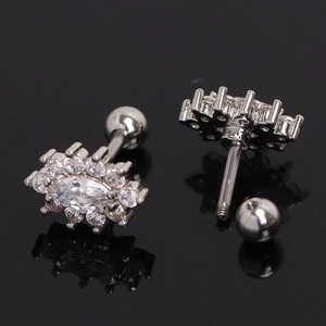 Silver stainless steel marquise eye stud earring with sparkling cubic zirconia petals