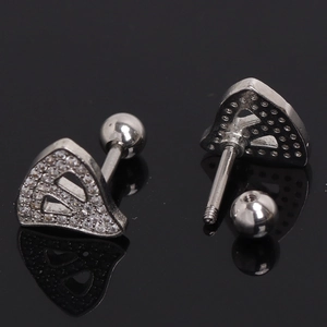 Silver geometric fan-shaped stainless steel earrings with sparkling zircon crystals