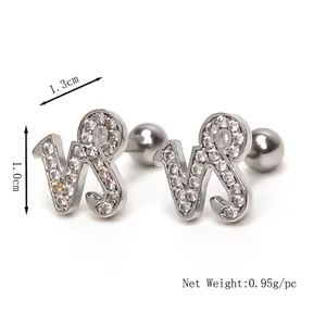 Silver VS letter stud earring with cubic zirconia and screw back, size 1.3cm x 1.0cm