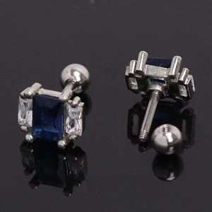 Square sapphire blue zircon stud earrings in polished stainless steel with screw backs
