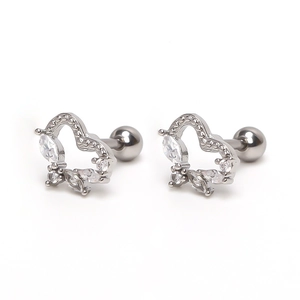 Stainless steel heart-shaped cartilage studs with shiny zircon and screw ball back