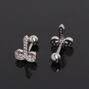 Silver stainless steel penis shaped stud earrings with sparkling cubic zirconia stones