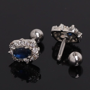 Oval sapphire blue earrings with white zircon halo and screw back in stainless steel